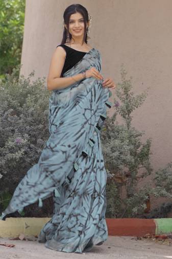 blue shibori geometric print cotton blend saree with blouse piece