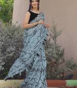 blue shibori geometric print cotton blend saree with blouse piece