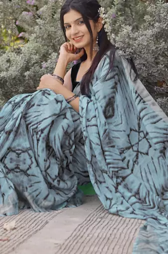 blue shibori geometric print cotton blend saree with blouse piece