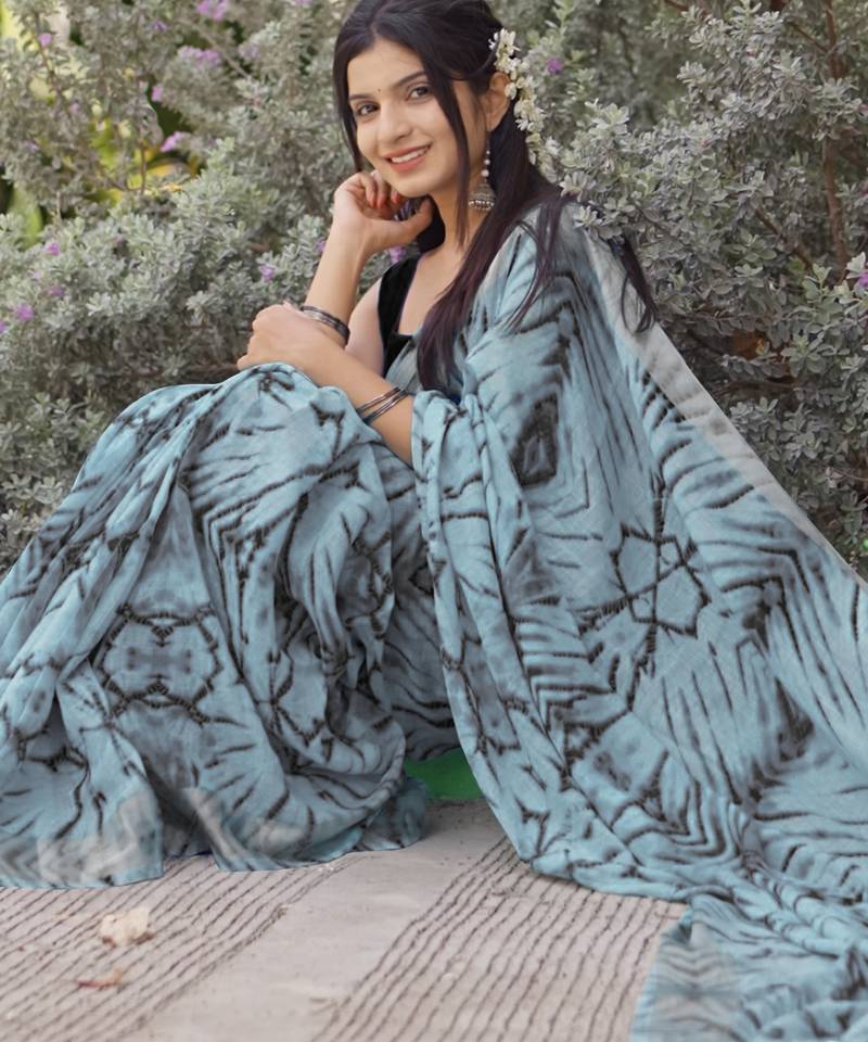 blue shibori geometric print cotton blend saree with blouse piece