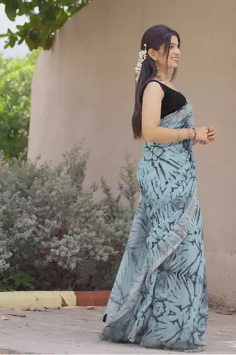 blue shibori geometric print cotton blend saree with blouse piece