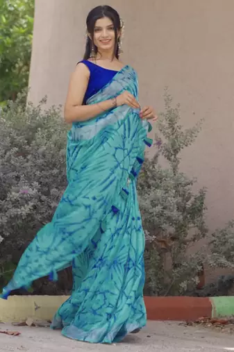 turquoise shibori geometric print cotton blend saree with blouse piece