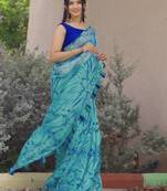 turquoise shibori geometric print cotton blend saree with blouse piece