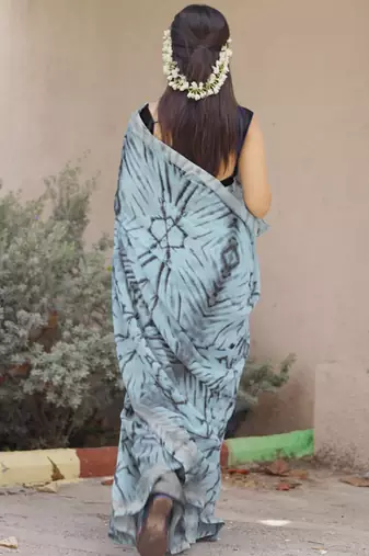 blue shibori geometric print cotton blend saree with blouse piece