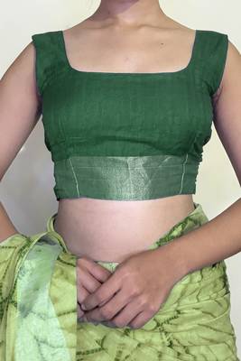 green shibori geometric print cotton blend saree with blouse piece 5