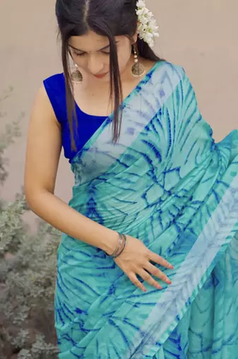 turquoise shibori geometric print cotton blend saree with blouse piece