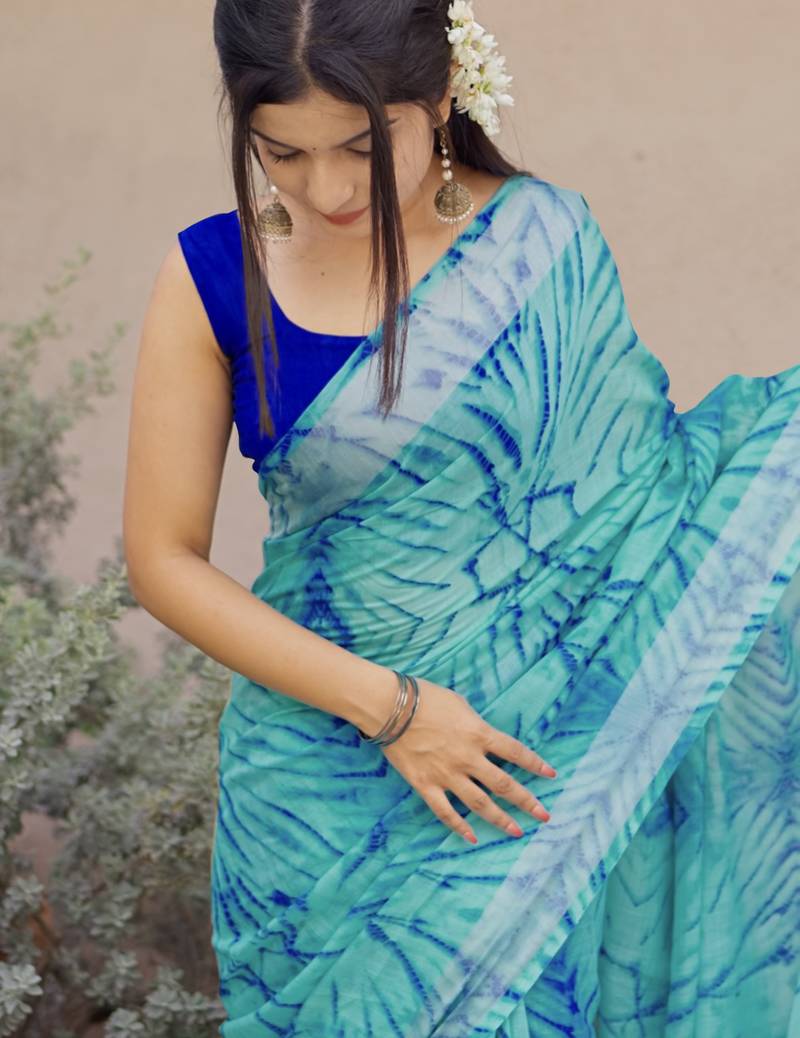turquoise shibori geometric print cotton blend saree with blouse piece