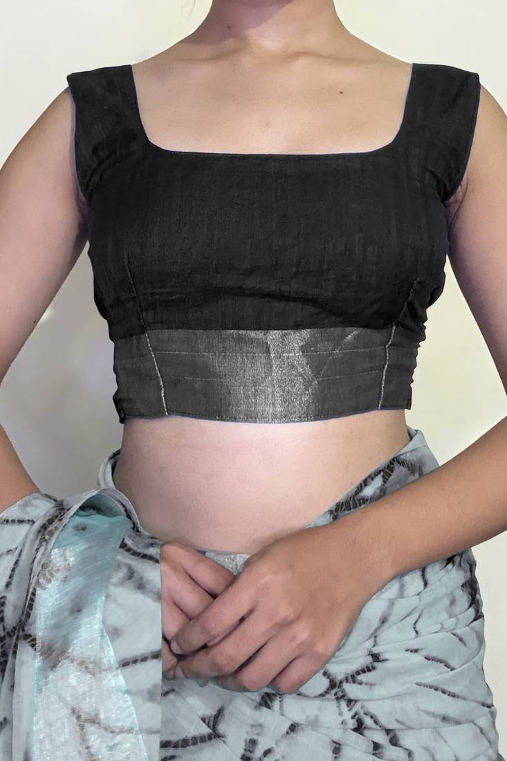 blue shibori geometric print cotton blend saree with blouse piece