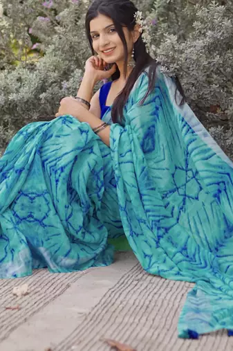 turquoise shibori geometric print cotton blend saree with blouse piece