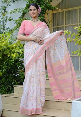 white geometric print cotton blend saree with blouse piece 1