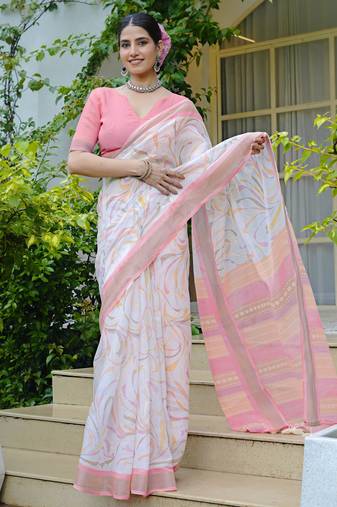 white geometric print cotton blend saree with blouse piece