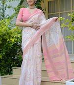 white geometric print cotton blend saree with blouse piece