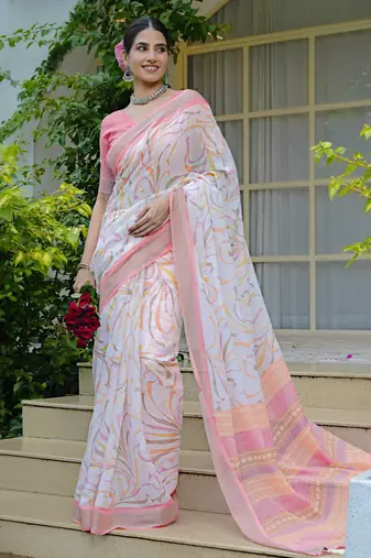 white geometric print cotton blend saree with blouse piece