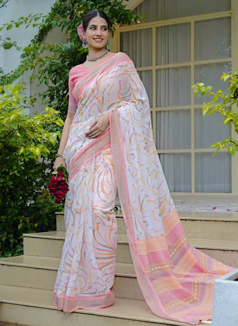 white geometric print cotton blend saree with blouse piece