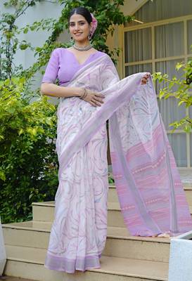 white geometric print cotton blend saree with blouse piece 1
