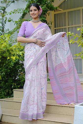 white geometric print cotton blend saree with blouse piece