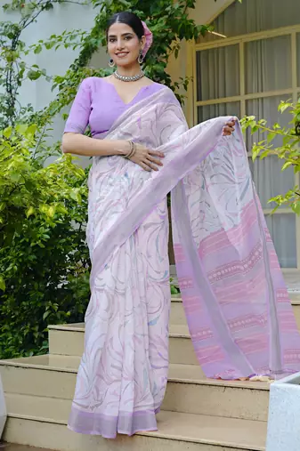 white geometric print cotton blend saree with blouse piece