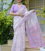 white geometric print cotton blend saree with blouse piece