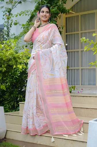 white geometric print cotton blend saree with blouse piece