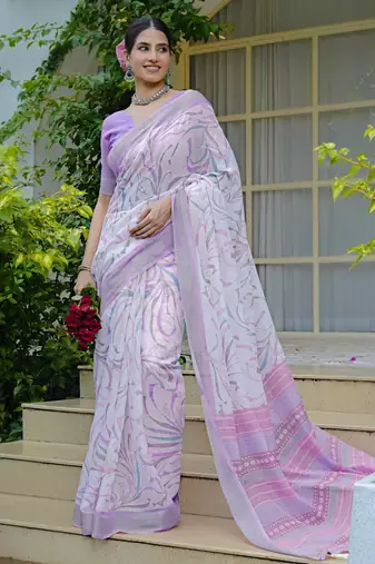 white geometric print cotton blend saree with blouse piece