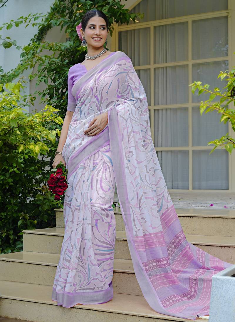 white geometric print cotton blend saree with blouse piece