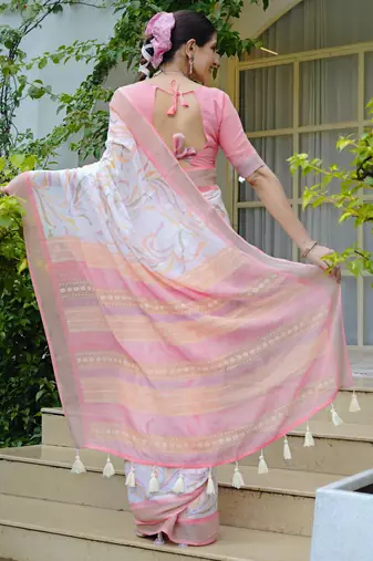 white geometric print cotton blend saree with blouse piece