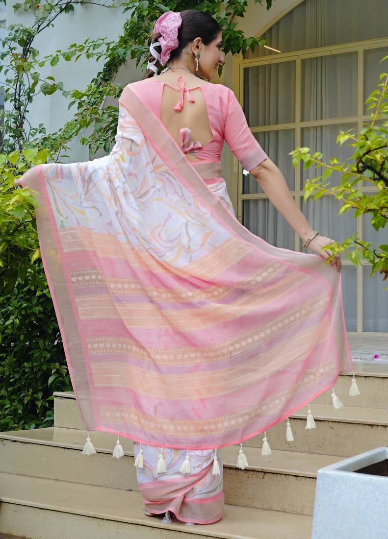 white geometric print cotton blend saree with blouse piece