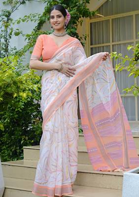 white geometric print cotton blend saree with blouse piece 1