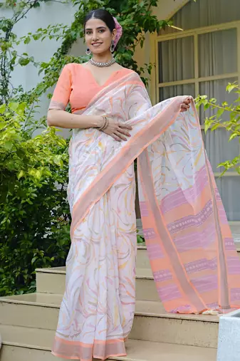 white geometric print cotton blend saree with blouse piece