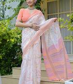 white geometric print cotton blend saree with blouse piece