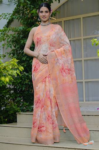 orange floral print cotton blend saree with blouse piece