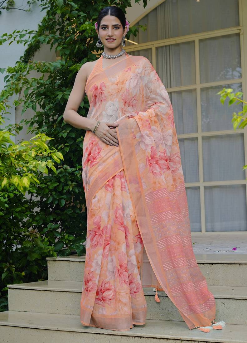 orange floral print cotton blend saree with blouse piece
