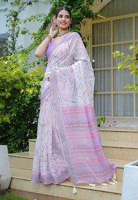 white geometric print cotton blend saree with blouse piece 3