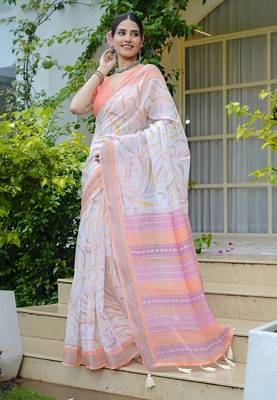white geometric print cotton blend saree with blouse piece 2