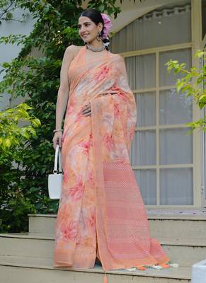 orange floral print cotton blend saree with blouse piece 2