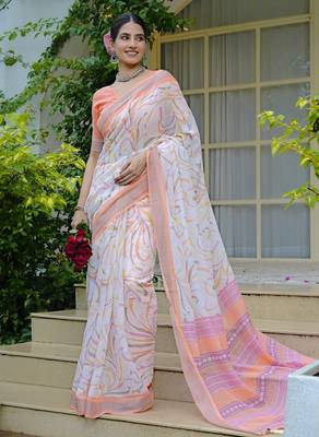 white geometric print cotton blend saree with blouse piece 3