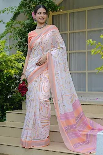white geometric print cotton blend saree with blouse piece