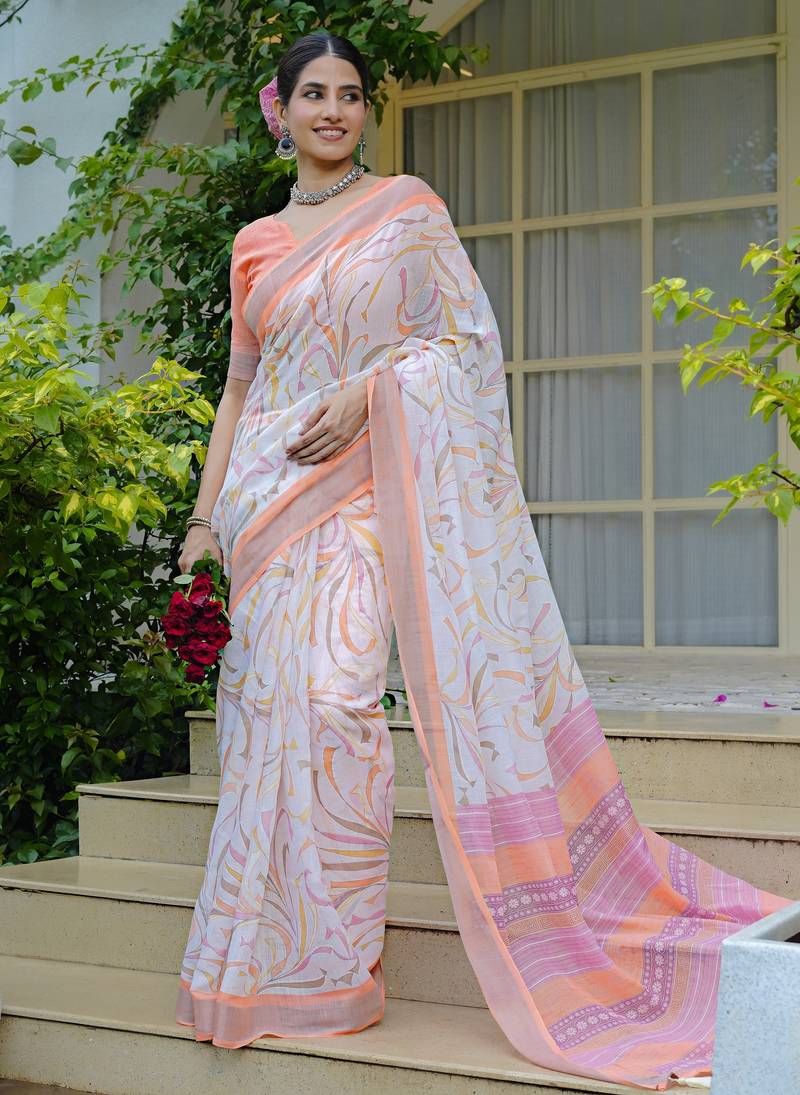 white geometric print cotton blend saree with blouse piece