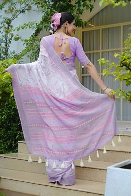 white geometric print cotton blend saree with blouse piece 4