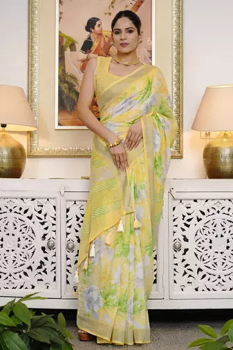 yellow floral print cotton blend saree with blouse piece