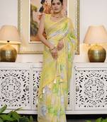 yellow floral print cotton blend saree with blouse piece