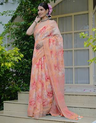 orange floral print cotton blend saree with blouse piece 3