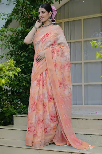 orange floral print cotton blend saree with blouse piece