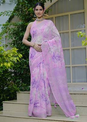 turquoise floral print cotton blend saree with blouse piece 1