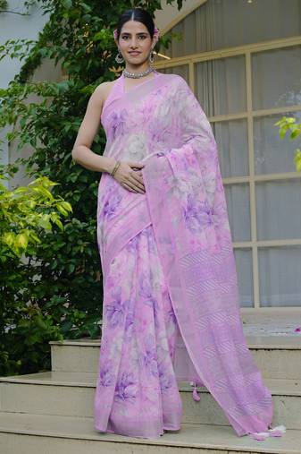 pink floral print cotton blend saree with blouse piece