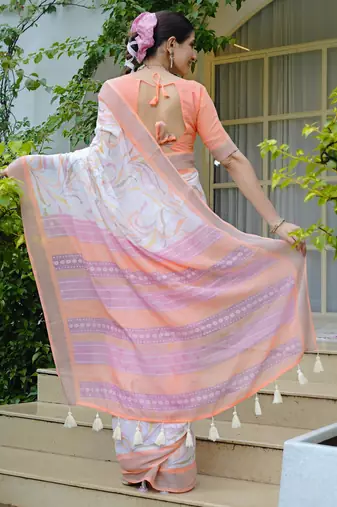 white geometric print cotton blend saree with blouse piece