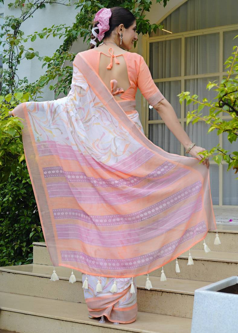 white geometric print cotton blend saree with blouse piece