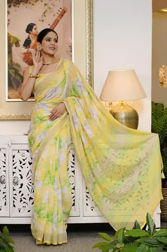 yellow floral print cotton blend saree with blouse piece