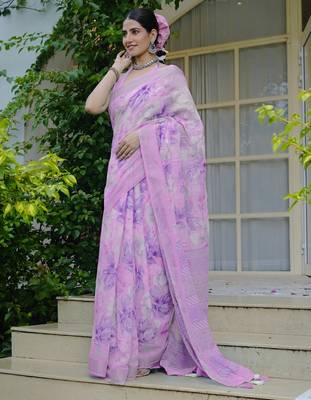 turquoise floral print cotton blend saree with blouse piece 2