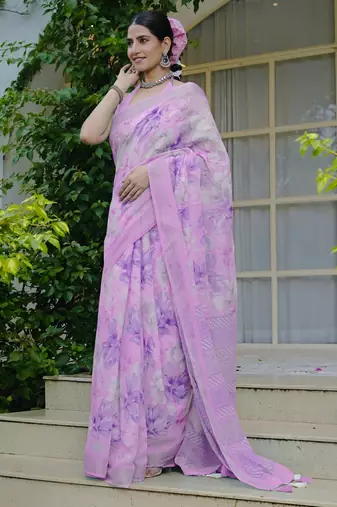 turquoise floral print cotton blend saree with blouse piece
